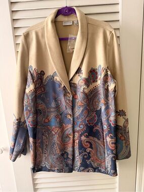 Susan Graver Beige and Blue Paisley Shawl Collar Jacket